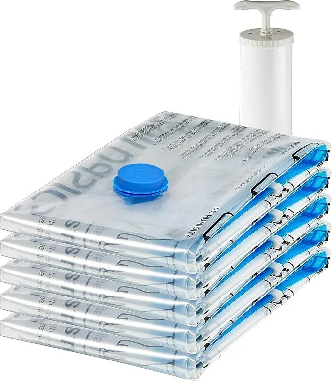Amazon Basics housses de rangement sous vide avec pompe manuelle, Fermeture éclair, 5 pièces, Taille L, Clai