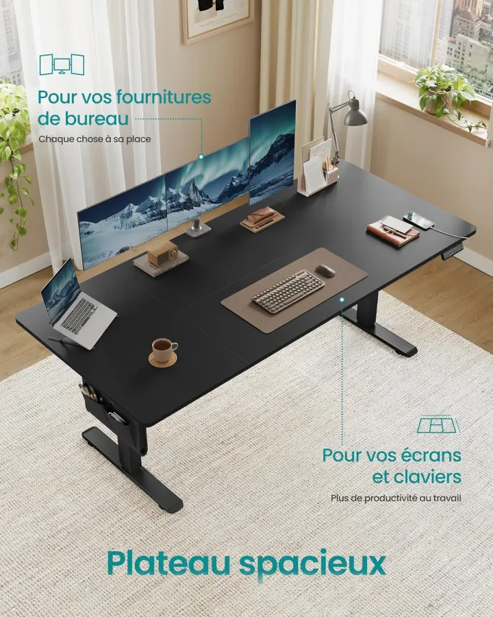 SONGMICS Bureau Électrique Réglable en Hauteur, 180 x 80 cm, Table Assis-Debout, Fonction Mémoire 4 Hauteurs, pour Bureau, Télétravail, Noir d’encre LSD138BZ01 — photo 5