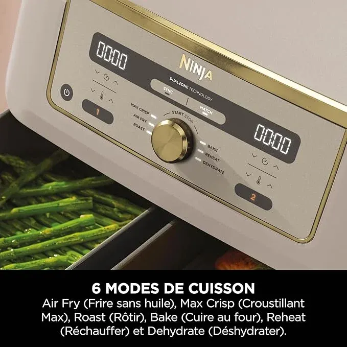 NINJA Dual Zone Max Air Fryer 2 Compartiments, Capacité Familiale de 9,5L, Max 240°C, Air Fryer 6-en1, Pièces Antiadésives Amovibles Lavables Au Lave-Vaisselle, Stone/Or DZ400EUSTGD — photo 6