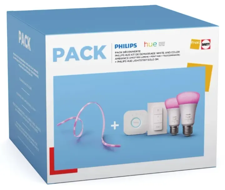 Pack Philips Hue : 2 Ampoules connectées W&C E27 1100lm + Pont de connexion + Dimmer Switch + Ruban LED Lightstrip Solo 3m