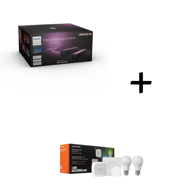 Pack Philips Hue – 2 barres lumineuses Hue Play + bandeau LED Lightstrip 2m + Pack essentiel B Découverte Blancs & Couleurs E27 x2