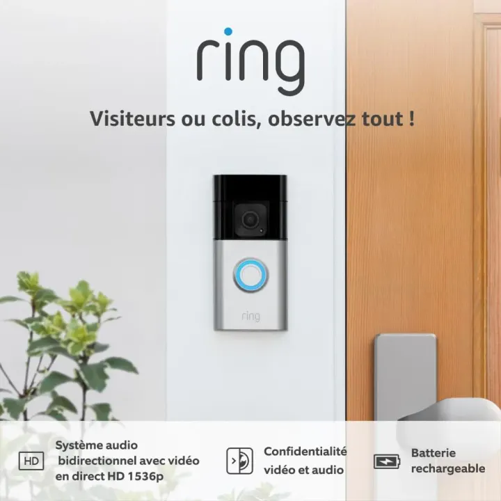 Ring sonnette vidéo Plus sans fil (Battery Video Doorbell Plus) | Caméra sonnette vidéo sans fil à installer soi-même avec vidéo HD 1536p, batterie rechargeable | Facile à installer (5 mi