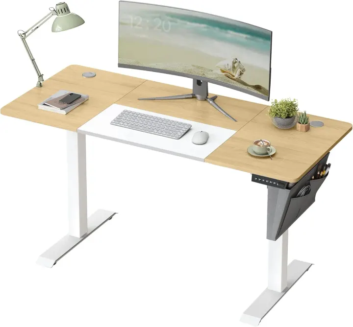 SONGMICS Electric Sit-Stand Desk, Height Adjustable Desk, 60 x 140 x (72-120) cm, 4 Height Memorizable Heights, Storage Pouch, for Desk, Pastel Yellow and Pure White LSD016N01