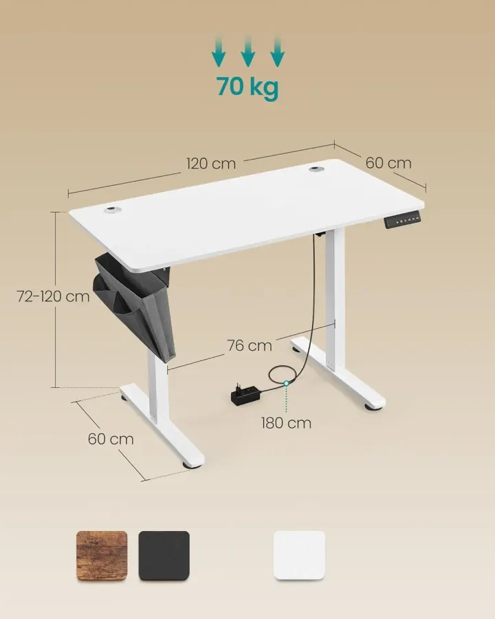 Bureau électrique SONGMICS LSD132WZ02 Bureau Électrique Réglable 120×60 Blanc — photo 3