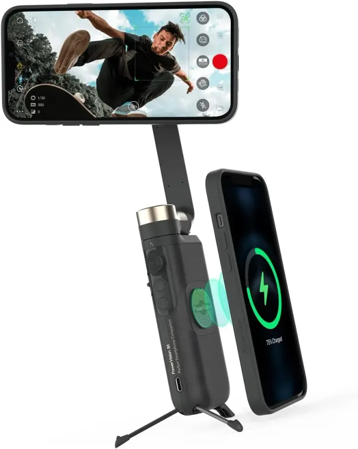 Stabilisateur 3 axes pour smartphone à recharge sans fil intégrée PowerVision S1 – Trépied, PowerTank 4.120 mAh