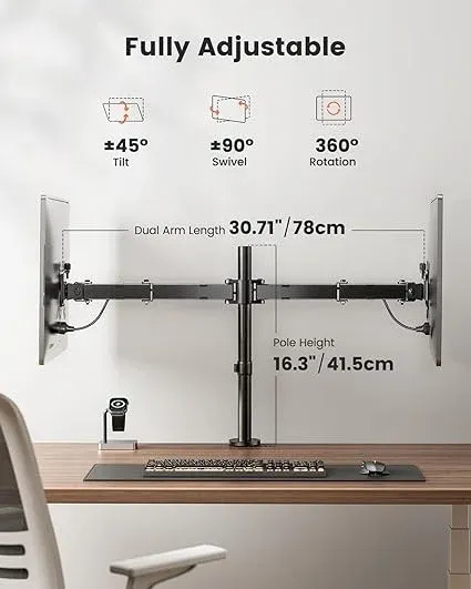 Support Double Ecran PC Construction Robuste – 2 Ecran pour 13″-32″, Hauteur Ergonomique, Inclinaison à ±45°/Pivotement à 180°/Rotation à 360°/Maximal de 8kg — photo 3