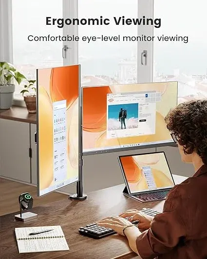 Support Double Ecran PC Construction Robuste – 2 Ecran pour 13″-32″, Hauteur Ergonomique, Inclinaison à ±45°/Pivotement à 180°/Rotation à 360°/Maximal de 8kg — photo 4