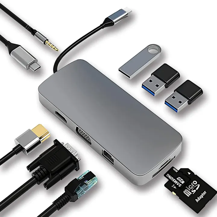Adaptateur USB C 10-en-1 avec HDMI 4K, VGA, Type C PD, USB3.0, Ethernet RJ45, Lecteur de Carte SD/TF, Prise Jack 3.5mm, Compatible avec MacBook Pro/Air et Autres Ordinateurs Portables USB-C