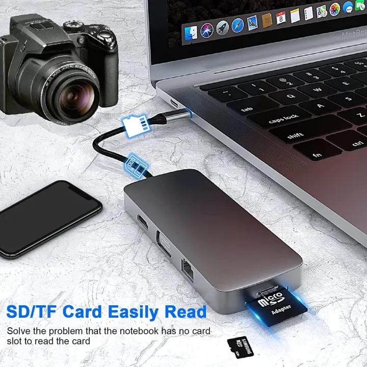 Adaptateur USB C 10-en-1 avec HDMI 4K, VGA, Type C PD, USB3.0, Ethernet RJ45, Lecteur de Carte SD/TF, Prise Jack 3.5mm, Compatible avec MacBook Pro/Air et Autres Ordinateurs Portables USB-C — photo 5