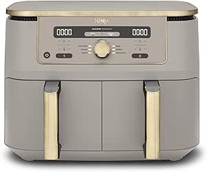 NINJA Dual Zone Max Air Fryer 2 Compartiments, Capacité Familiale de 9,5L, Max 240°C, Air Fryer 6-en1, Pièces Antiadésives Amovibles Lavables Au Lave-Vaisselle, Stone/Or DZ400EUSTGD