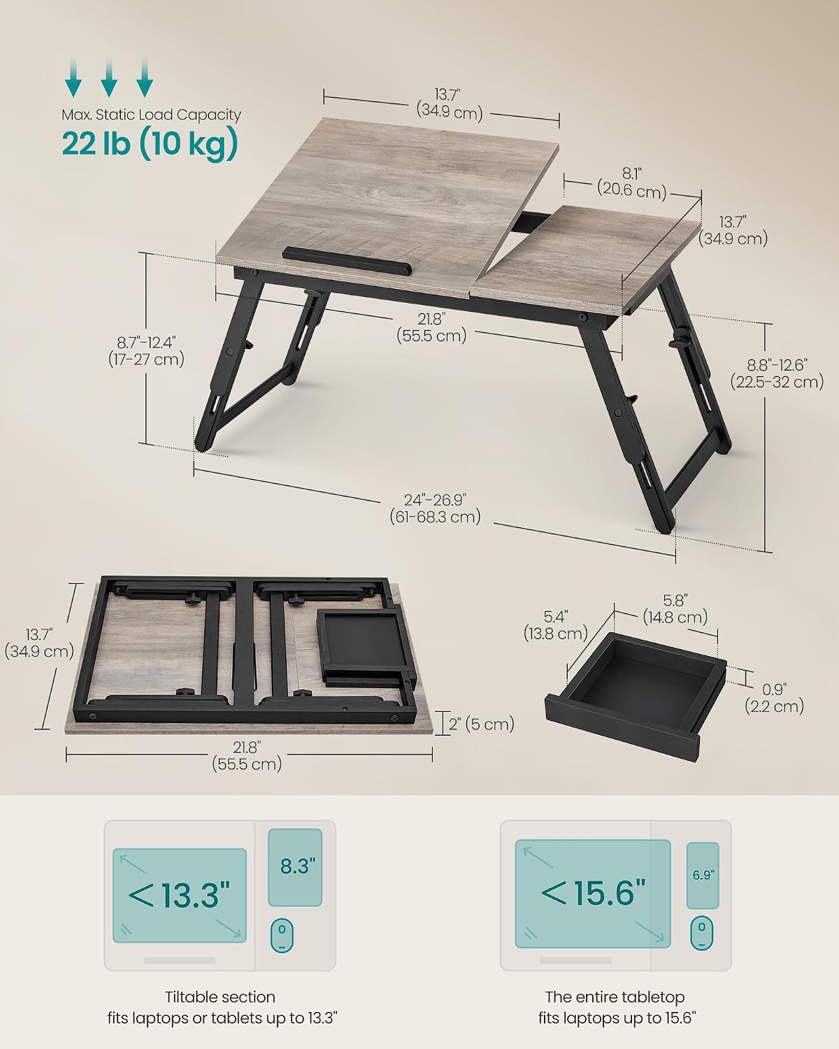Table de Lit Pliable SONGMICS pour PC Portable Hauteur & Angle Réglables — photo 6